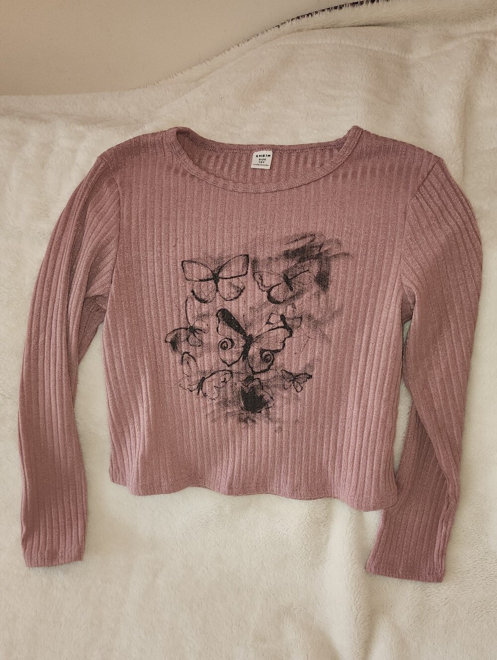 Girls Ribbed Long-Sleeve Butterfly Graphic Top - Mauve